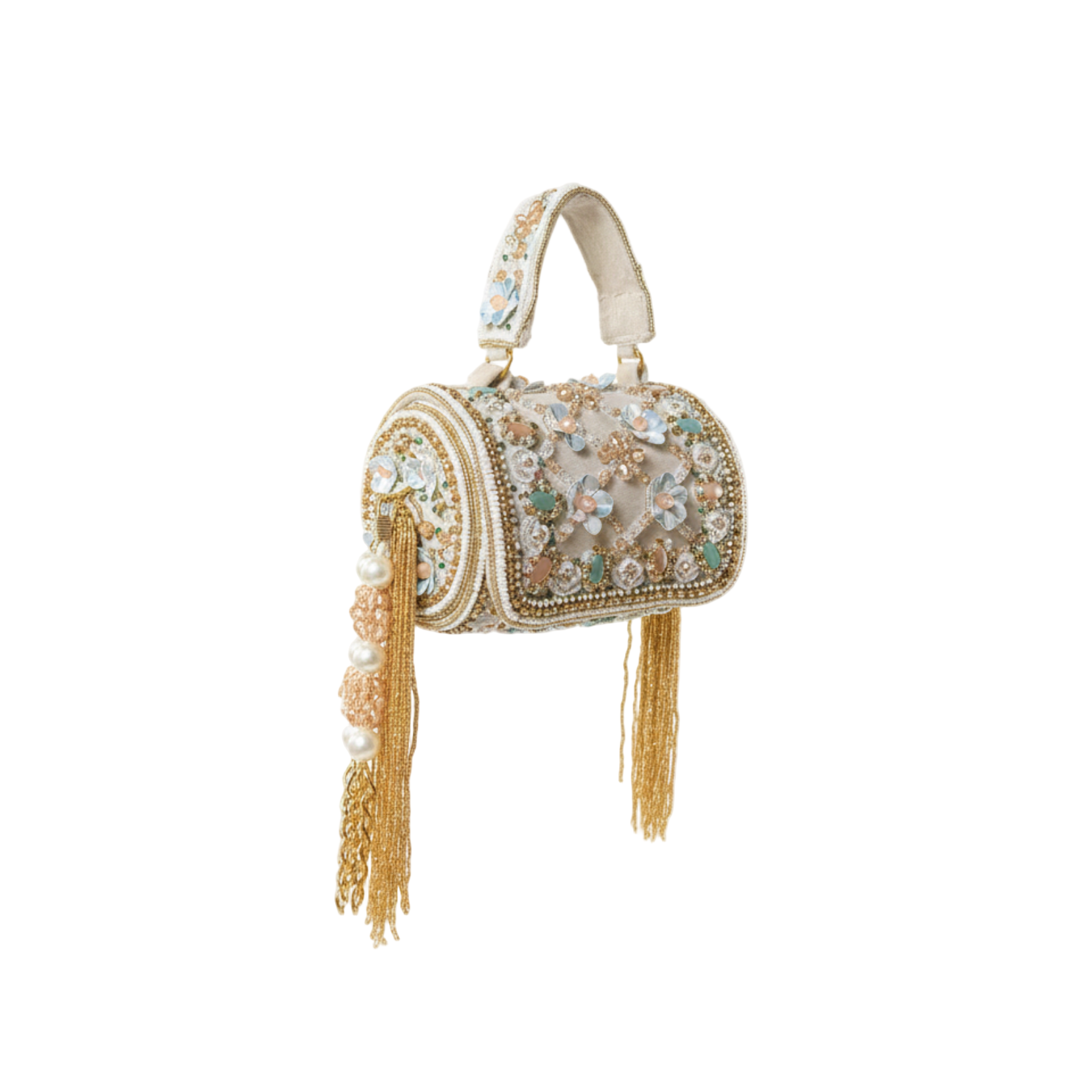 Decorative handbag with tassels on a white background