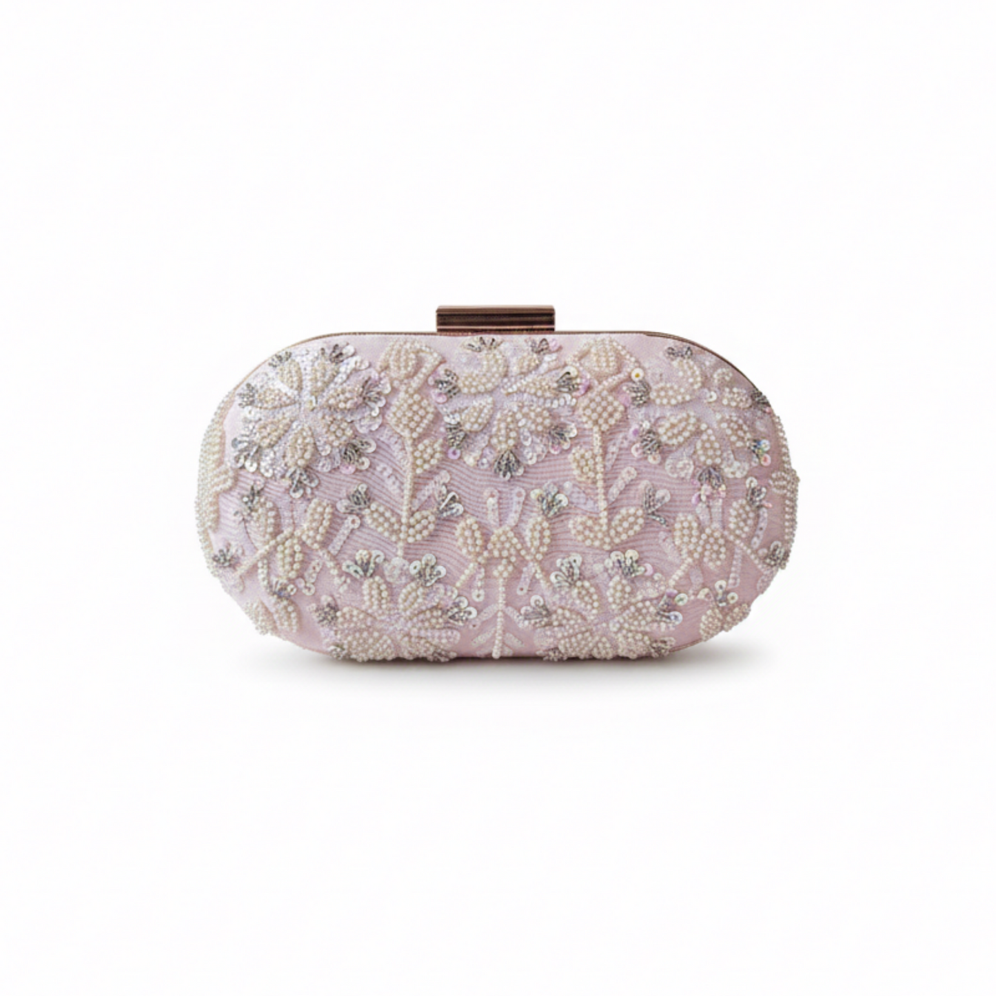 Decorative clutch bag with floral patterns on a white background