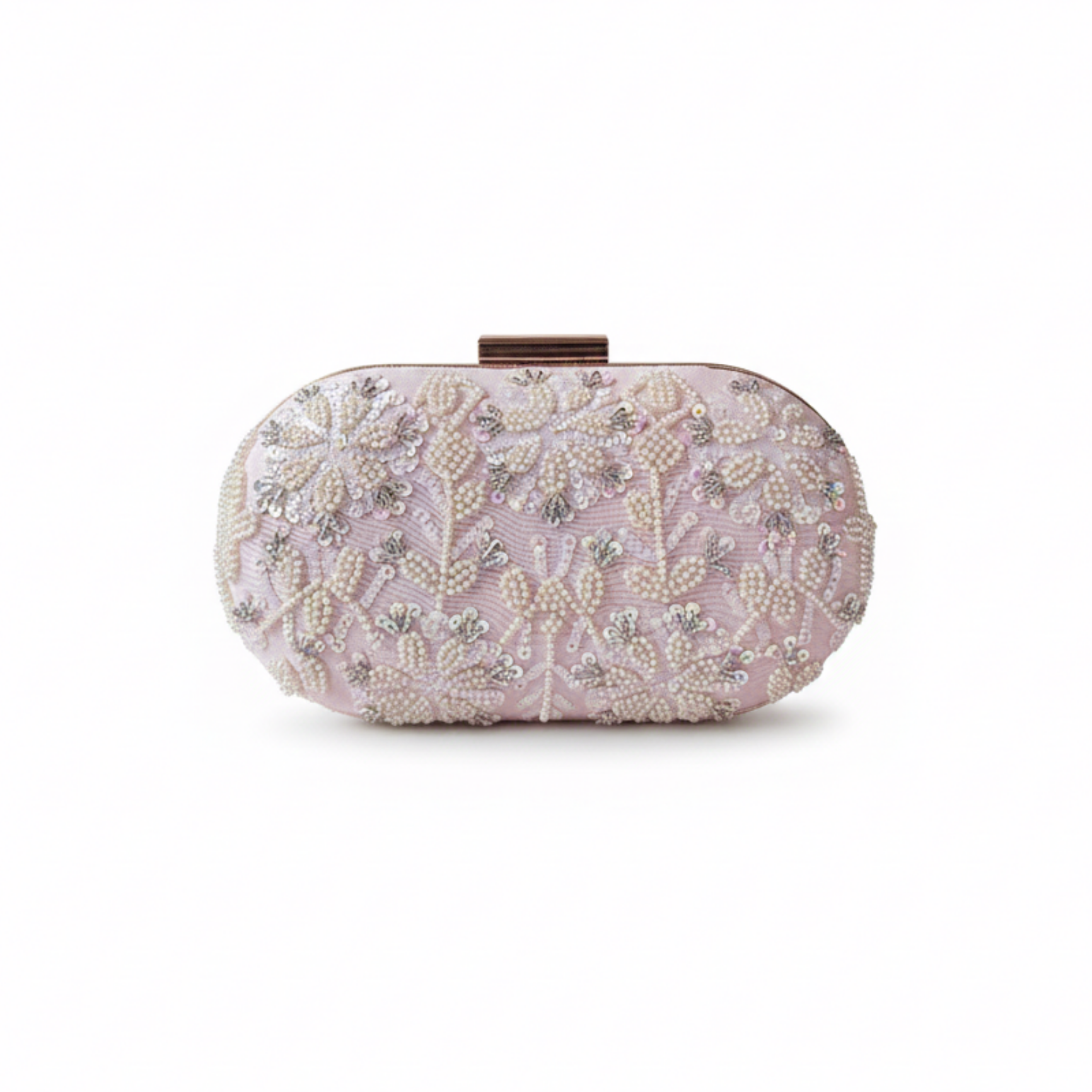 Decorative clutch bag with floral patterns on a white background