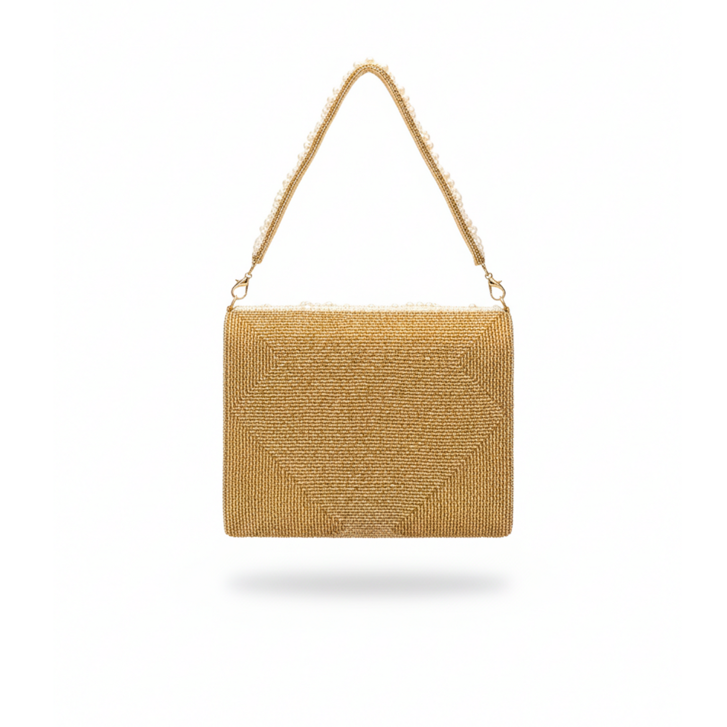 Gold beaded handbag on a white background