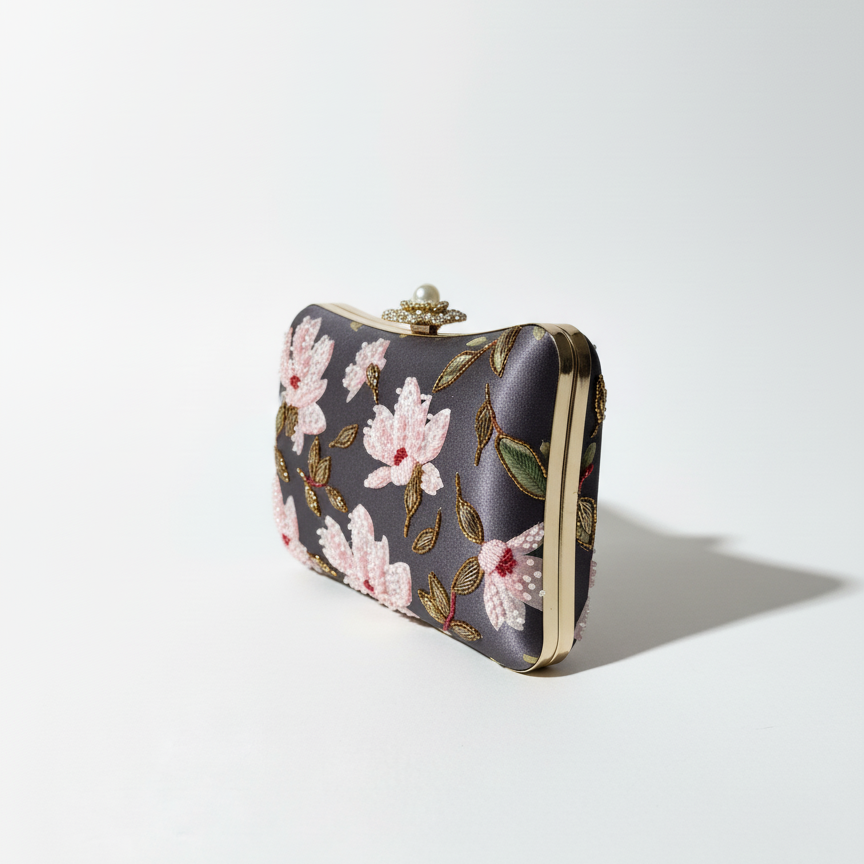 Floral embroidered clutch bag on a light gray background