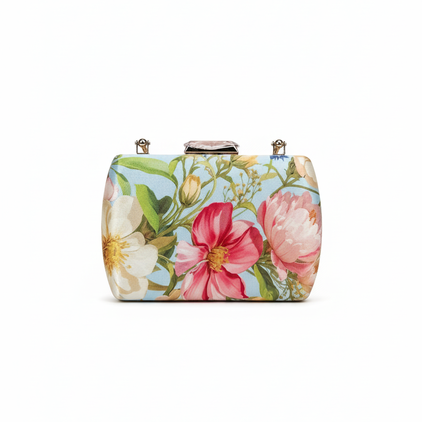 Floral patterned handbag on a white background
