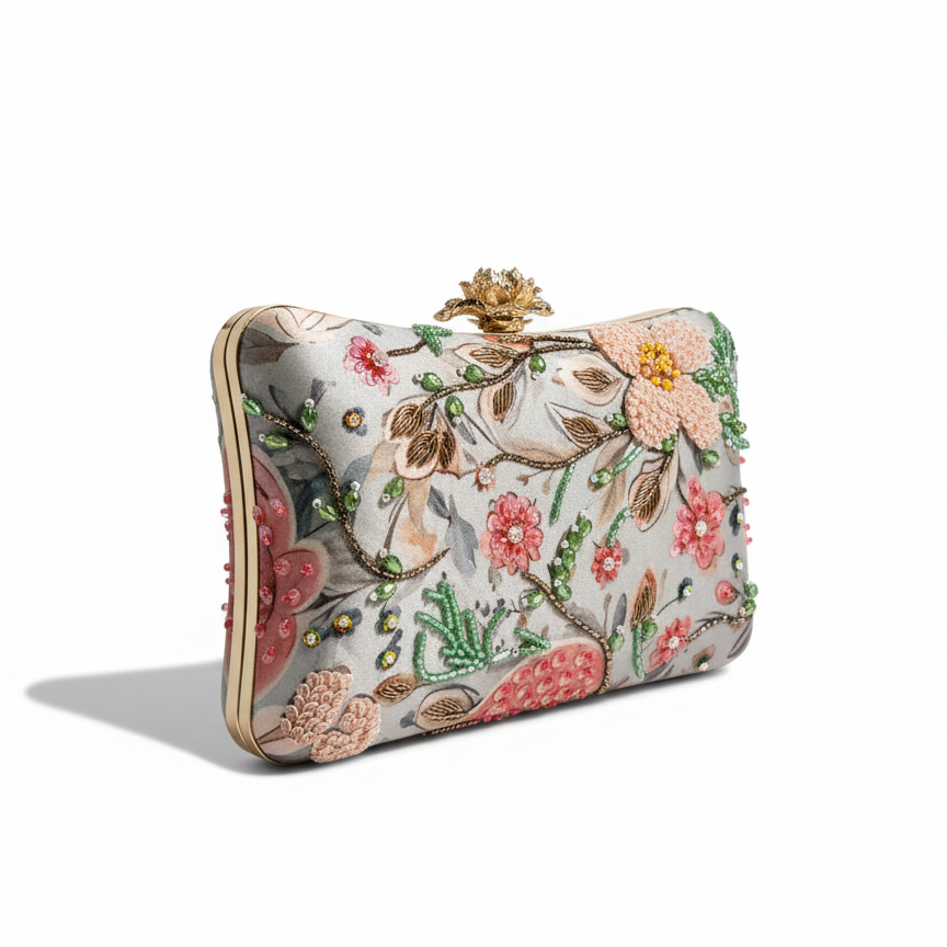 Floral embroidered clutch bag on a white background
