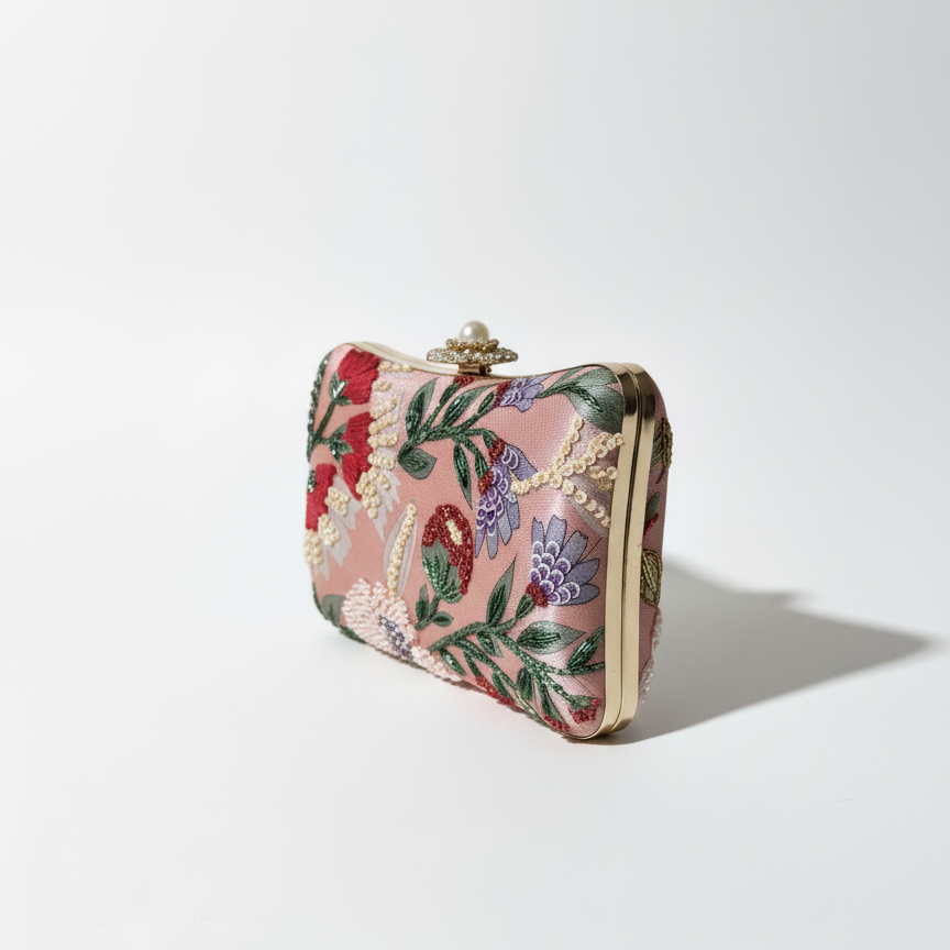Floral patterned clutch bag on a white background