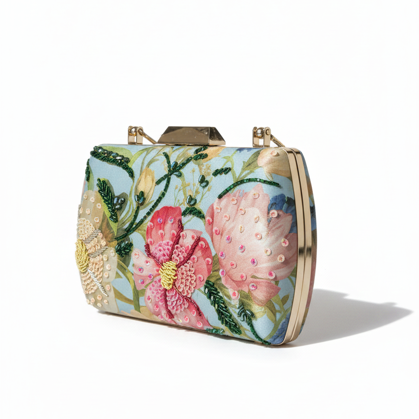 Floral clutch bag with gold accents on a white background