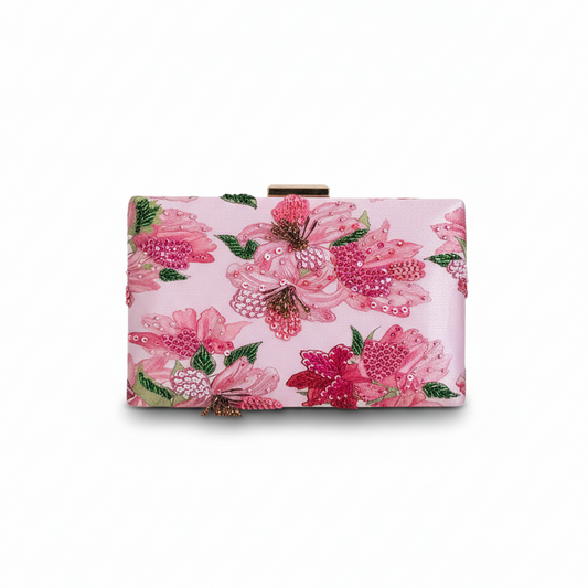 Floral clutch bag with pink flowers on a white background