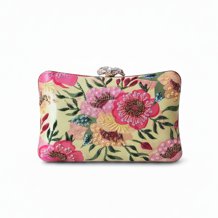 Floral patterned clutch bag on a white background