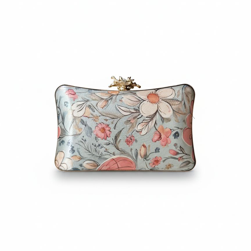 Floral patterned clutch bag on a white background