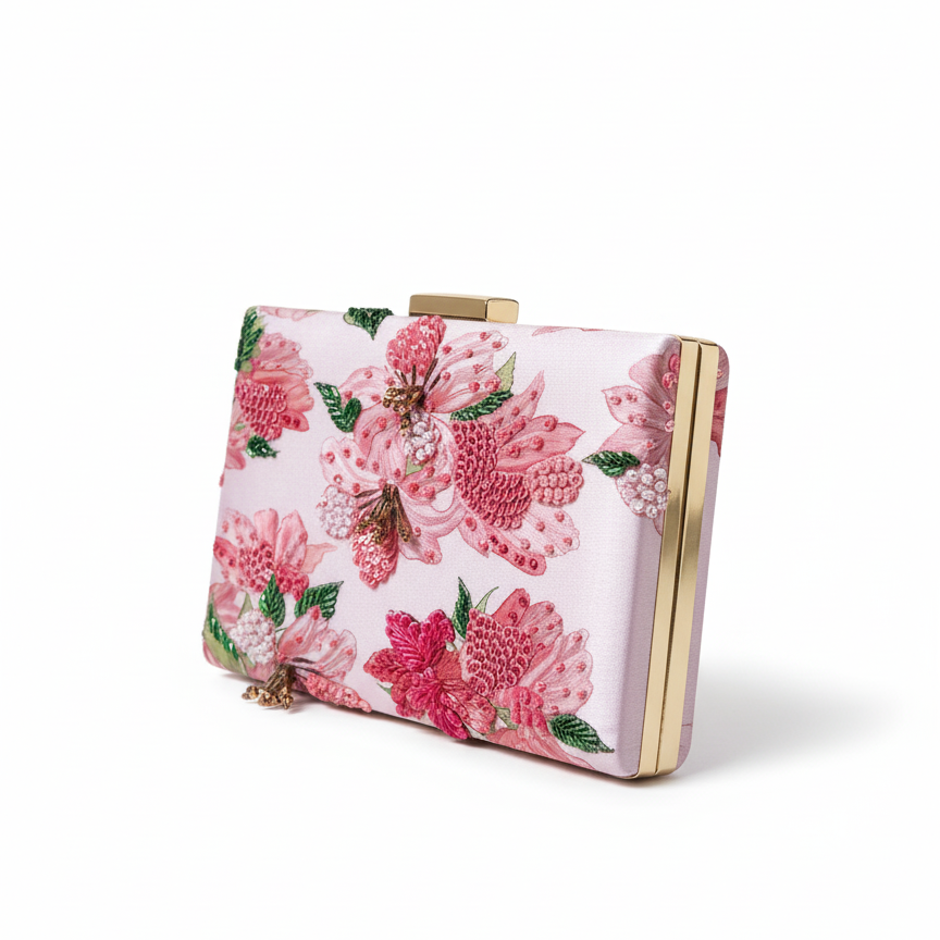 Floral clutch bag with gold frame on a white background