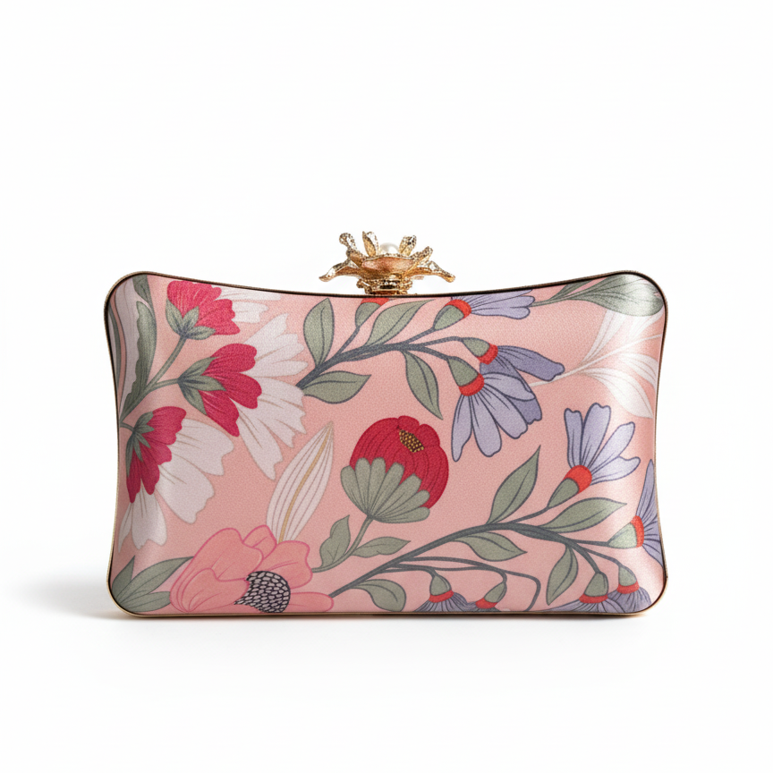 Floral-patterned clutch bag with a gold clasp on a white background